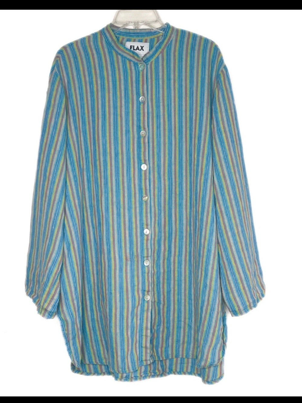 FLAX Striped Tunic Top Rolltab Sleeve Linen Button Shirt Mandarin Collar size M